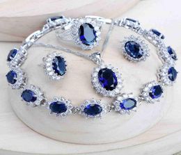 Silver 925 Women Bridal Jewellery Sets Blue Zirconia Costume Fine Jewellery Wedding Necklace Earrings Rings Bracelets Pendant Set1396363