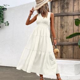 Casual Dresses Draped Waist Tunic Summer Dress Patchwork Solid Color Boho Women Long Sleeveless V-Neck Holiday Sundresses