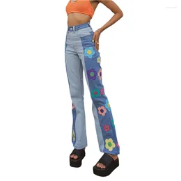 Women's Jeans Colourful Floral Patches Cute Y2K Woman 2000s Aesthetic Kawaii E Girl Flare Pants High Waist Slim Denim Trousers