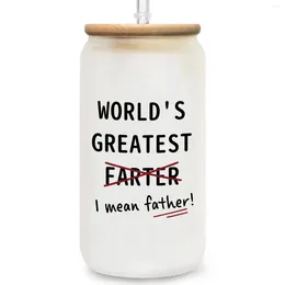 Wine Glasses WORLD' GREATEST FARTER Funny Dad Coffee Glass Cup. 16oz Can With Bamboo Lids And Straw For Iced Coffee.