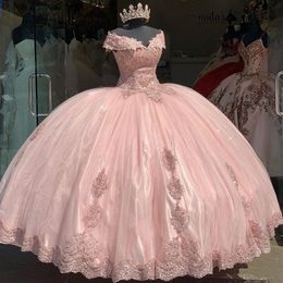 2021 Pink Quinceanera Dresses Ball Gown Puffy Tulle Off Shoulder Cap Sleeves Lace Appliques Beads Sweet 16 Party Prom Dress Evening Gow 2413