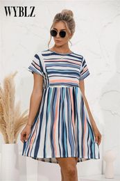 Party Dresses WYBLZ Summer Women Striped Dress Elegant O-neck Short Sleeve Print Slim A-line Office Lady Beach Sundress
