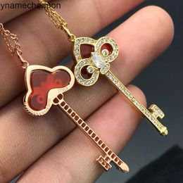 Tiffanncy High End jewelry necklaces for womens High version hot new red jade chalcedony full diamond key necklace versatile and for women Original 1:1 With Real Logo