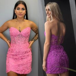 Fitted Corset Homecoming Dress Sweetheart Pearl Lace Lady Prom Pageant Winter Formal Evening Cocktail Party Hoco Met Gala Graduation Drama Gown Purple Bright Pink