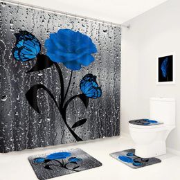 Shower Curtains Blooming Flowers Rose Curtain Set Waterproof Bath Toilet Cover Non-Slip Mat Rug Carpet Home Decor Accessories