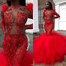 Red Gorgeous 2020 Feathers Sequined Black Girl Mermaid Prom Dresses Long Sleeve Jewel Neck Illusion Formal Arabic Evening Gowns 270n