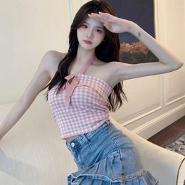 Women's Tanks Sexy Plaid Halter Bow Camisole Women Summer Vintage Sweet Tube Top Fashion Girl Short Backless Sling Knitwear Tops