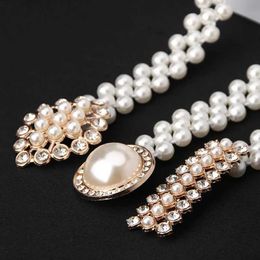 Waist Chain Belts Personalised trend Pearl waist chain water diamond decoration womens belt fashionable dress elastic clothing accessories Q240511