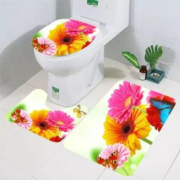Bath Mats CLOOCL Toilet Mat Set Fresh Flowers Daisy Butterfly Art 3D Printed Floor Rugs Bathroom Shower Carpet Cushion Home Decor