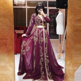 Elegant Grape Saudi Arabia Muslim Evening Dresses Long Sleeve Appliques Golden Lace Islamic Moroccan Kaftan Formal Dress Prom Party Gow 305g