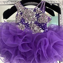 Purple Cupcake Toddler Infant Kids Pageant Dress 2021 Velvet Organza Ruffles Glitz Little Girl Party Gowns Zipper Back Mini Short 255W