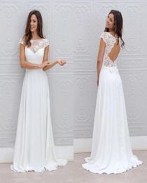 Elegant 2019 Boho Casual Beach Wedding Dresses Open Back Capped Sleeves A Line Sweep Train White Lace and Chiffon Summer Bridal Go1838592