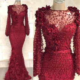 Custom Made Party Dress Sexy Prom Gowns Crystals Huge robe de soiree Mermaid Burgundy Formal Dresses Long Sleeves Feathers Prom Dresses 268z