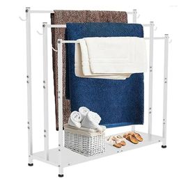 Storage Boxes 3-Tier Metal Towel Rack Stand With Shelf & 6 Hooks Bathroom Organiser Freestanding Blanket Drying Holder Indoor/Outdoor