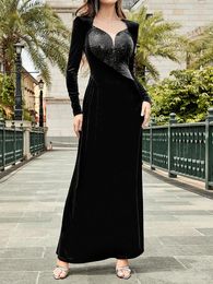Casual Dresses Sexy O Neck Sequins Patchwork Long Dress Women Black Velvet Sleeves A-line Maxi Elegant Evening Party Gowns