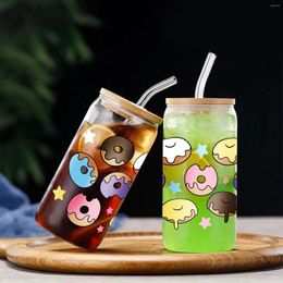 Wine Glasses 3d Donut Pattern 16oz Glass Water Bottles With Bamboo Lid&Straw Coffee Cup Summer Drinkware Gifts For Friends/Children
