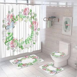 Shower Curtains Pink Rose Garland Butterfly Curtain Set Green Leaves Flower Bathroom Anti-slip Bath Mat Toilet Cover Carpet Rugs