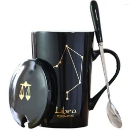 Mugs 12 Constellations Creative Ceramic With Spoon Lid Black And Gold Porcelain Zodiac Milk Coffee Cup 450ML