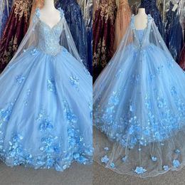 Bahama Blue 3D Flowers Quinceanera Dresses With Wrap Crystal Beaded Dress Evening Gowns Classic Sweetheart Lace-up Sweet 16 Dress Plus 287U