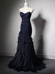 Dark Navy Evening Dress Mermaid Prom Dresses Pleats Tulle Sweep Train Real Pictures Formal Dresses