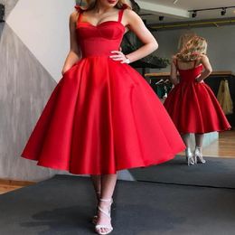 Elegant Red Short Cocktail Dresses Women Satin Party Dress Knee Length A Line Robe de Cocktail 2021 Prom Gown 259N