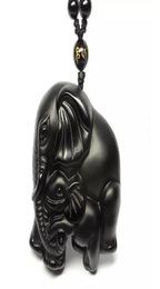 2019 Year natural Obsidian stone Hand carved Elephant good luck charm pendant8104447