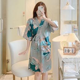 Home Clothing 2024 Summer Short Sleeve Silk Satin Print Kimono Robes For Women Sexy Bathrobes Sleepwear Night Dress Nightdress Nighty