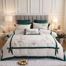 Bedding Sets White/Green Pastoral Flowers Embroidery 600TC Egyptian Cotton Set Bow Duvet Cover Bed Sheet Pillowcases Home Textiles