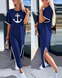 Casual Dresses Elegant Sexy For Women 2024 Summer Style Round Neck Anchor Print Slit Short Sleeve Daily Vacation High Waist Dress