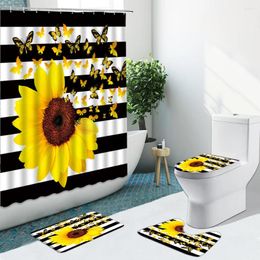 Shower Curtains 4Pcs Sunflower Black White Stripes Curtain 3D Flower Pattern Bathroom Set Non-Slip Rug Toilet Cover Bath Mat Carpet Decor