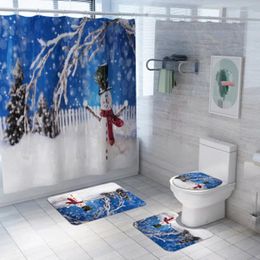 Bath Mats 4Pcs/set Non-slip Bathroom Mat Set Christmas Tree Snowman Print Shower Curtain Floor Washable Toilet Rug
