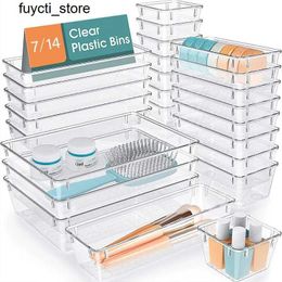 Storage Boxes Bins 7/14 piece set of transparent plastic countertop dividers Bins bedroom wardrobe office storage box used for makeup Jewellery and small tools S24513