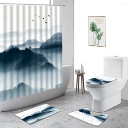 Shower Curtains 3D Chinese Style Mountain Water Scenery Curtain Non Slip Mats Bath Carpets Toilet Cover Floor Rug 4pcs Bathroom Set