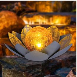 Huaxu Solar Powered Outdoor Garden Amber Cracked Globe Glass Lotus Decoration, Waterproof Grey Metal Flower Lamp Suitable for Courtyards, Lawns, Walkways,