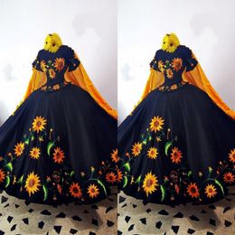 2023 Fashinable Mexcian Quinceanera Dresses Sunflower Embroidered Off Shoulder Bow Charro Sweet 15 Dress Party Formal Gowns Theme Vinat 266j