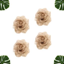 Decorative Flowers 4PCS Burlap Crafts Artificial Flower For Diy Craft Bouquets Rustic Home Wedding Party Decoration ( Light Brown )