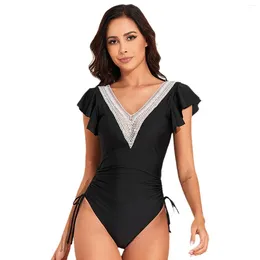 Women's Swimwear Conservative One Piece Women Eyelet Hollow Out V-Neck Swimsuit Ruffled Side Lace Up Breathable Black Bathing Suit