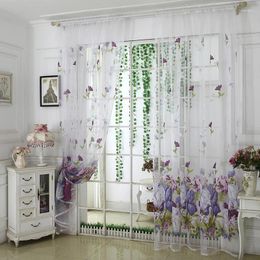 Curtain 1Pc Sheer Window Curtains Rod Through Design Peony Flower Printed Polyester Tulle Voile Drape Home Decor