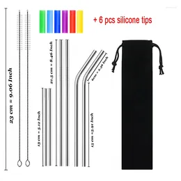 Drinking Straws Metal Reusable 304 Stainless Steel Straight Bent Straw Portable Set With Brush Bag Bar Accessory