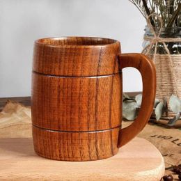 Cups Saucers Wooden Beer Mugs Handmade Natural Retro Brown Wood Cup With Handle Tea Coffee Milk Water For Kitchen Bar Supplies