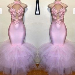 Blush Pink Mermaid Prom Dresses 2020 Halter 3D Flowers Lace Appliques Evening Gowns Plus Size African Formal Party Dress BC3986 293N