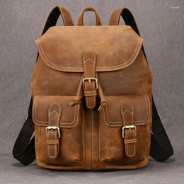 Backpack Vintage Crazy Horse Backpacks For Women 13 Inch Casual Men's Leather Rucksack Fanny Cowhide Brown School Bag Girls Boys