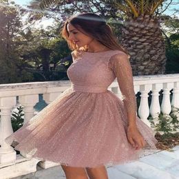 Rose Pink Sequins Tulle Party Prom Dresses Knee Length With Long Sleeve Round Neckline Empire Waist A-line Homecoming Pageant Dress Che 306D