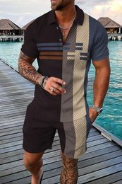 Mens Summer Tracksuit Mature Set Street Casual Clothing 3D Plaid Spliced Suit Short sleeved POLOShorts 2piece Holiday 240430