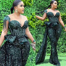 Hunter Green Jumpsuits Prom Dresses Sheer Neck Sequined Luxury African Plus Size Women Formal Evening Gowns 262S