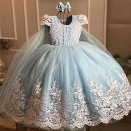 2024 Lovely Flower Girls Dresses For Weddings Light Blue Short Sleeves Crystal Beads Pearls Lace Princess Kids Birthday Girl Pageant Gowns Floor Length 0513