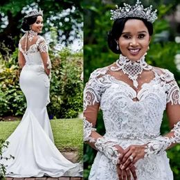 2024 High Neck Mermaid Wedding Dresses Bridal Gowns Sweep Train Lace Crystal Pearls Beads Plus Size African Nigerian Fishtail Robe De Mariee Long Sleeves 0513