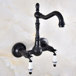 Bathroom Sink Faucets Black Oil Rubbed Bronze Kitchen Faucet Mixer Tap Swivel Spout Wall Mounted Two Handles Mnf865