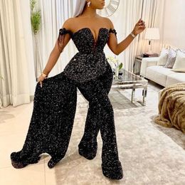 2021 Black Sequined Evening Dresses Jumpsuit Satin Bow Back with Detachable Skirt New Formal Dress Sweetheart Neck Floor Length Prom Dr 303O