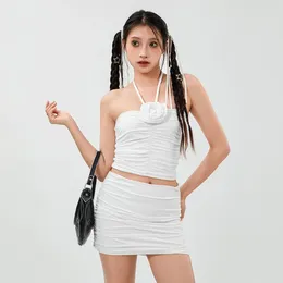 Work Dresses WPNAKS Women 2 Piece Skirts Sets Summer Clothes Solid Colour 3D Flower Ruched Tie-Up Halter Tank Tops Mini Set Streetwear